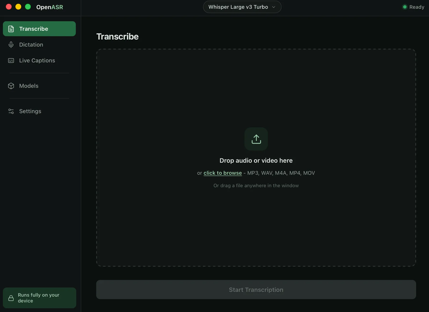 OpenASR Desktop transcribe screen